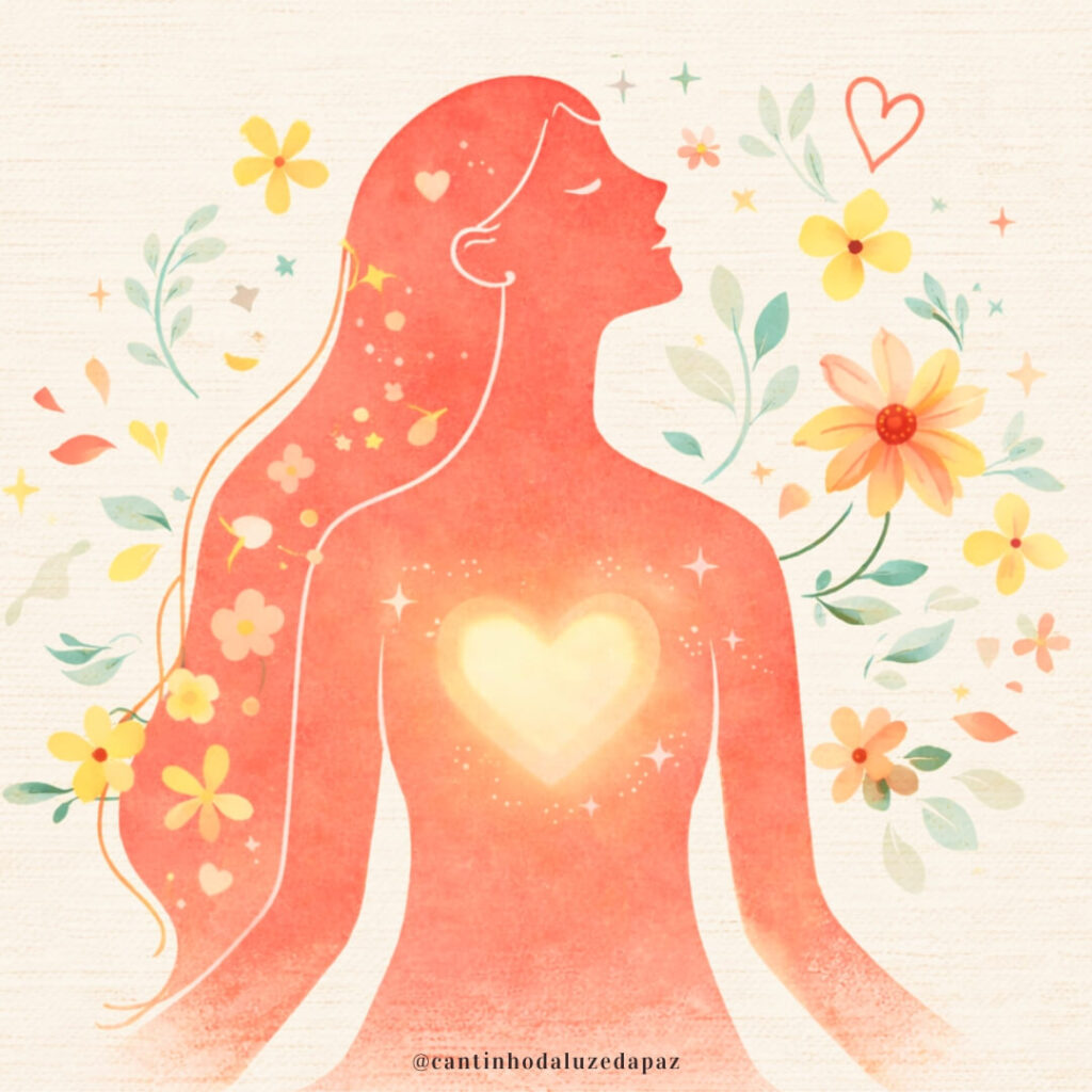 Ilustração de mulher em tons rosados com coração iluminado no peito, cercada por flores, representando perdão e cura interior no Ho'oponopono.