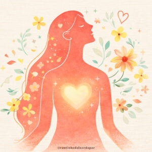 Ilustração de mulher em tons rosados com coração iluminado no peito, cercada por flores, representando perdão e cura interior no Ho'oponopono.