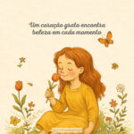 Ilustração de menina sentada entre flores segurando uma flor com serenidade, representando um coração grato que encontra beleza nos pequenos momentos.