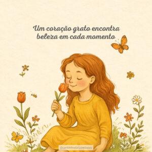 Ilustração de menina sentada entre flores segurando uma flor com serenidade, representando um coração grato que encontra beleza nos pequenos momentos.