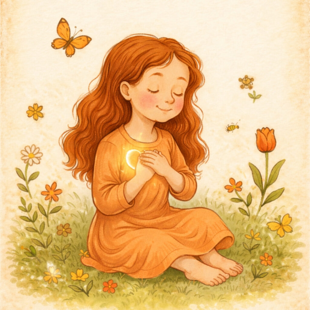 Ilustração de menina serena com mãos sobre o coração iluminado, simbolizando como a gratidão.